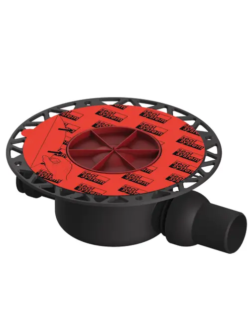 Ablauf mit runder Abdeckplatte und integriertem Seal System von TECE. Das Produkt hat einen seitlichen Anschluss und eine zentrale Vertiefung für die Wasserableitung.
